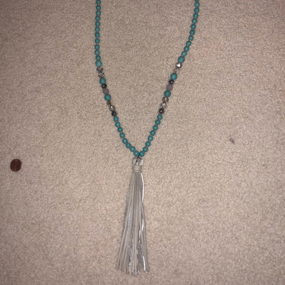 Long Turquoise and Grey Tassel Necklace